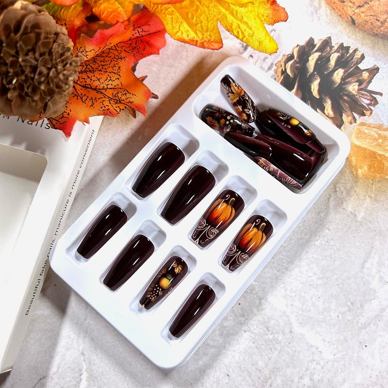 CJDLTS 24Pcs Maple Leaf Press on Nails Medium Ballet Shaped Thanksgiving Day Acrylic Nails Pumpkin Stick on Nails Full Cover Glossy Brown Fall Artificial Fingernails Festival Glue on Nails for Women - Image 3